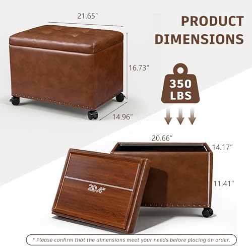 Homebeez Faux Leather Storage Ottoman with Wheels and Reversible Tray Top, 22” Tufted Rectangular Coffee Table with Hidden Storage, Nailhead Rolling Footrest for Living Room & Bedroom, Caramel Brown - color: Caramel Brown With Wheels