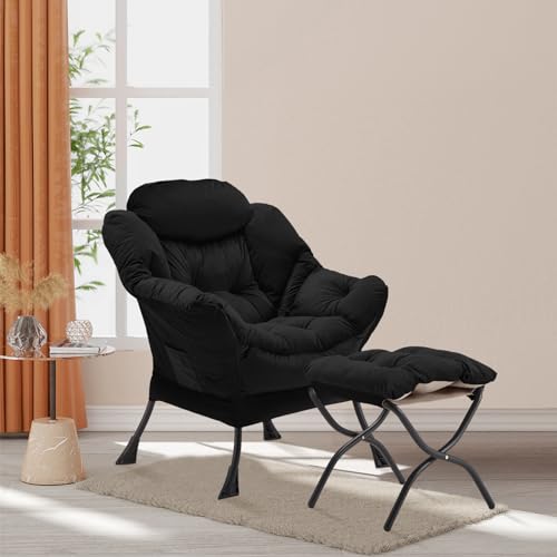 Youtanic Lazy Chair with Folding Ottoman, Accent Chair Velvet Upholstered with Metal Structure and Non-Slip Pads, Sofa Armchair with Footrest and Side Storage Bag for Dorm, Room, Office, Black - color: Black-f