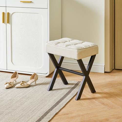 IBUYKE Square Makeup Stool with X-Leg, Linen Vanity Chair, Linen LG-70Y | Footrest Ottoman Seat Multi-Use Small Side Table Bedroom Living Room - color: Linen, size: 17.72"-Linen