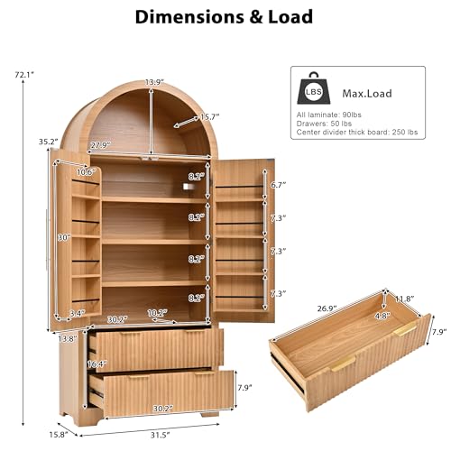 LUMISOL 72" Tall Fluted Pantry Cabinet, Wooden Freestanding Storage Cabinet with Drawers and 8 Adjustable Door Shelves, Mid Century Modern Kitchen Cupboard Organizer for Living Room, Natural - color: Natural, size: 15.75"D x 31.5"W x 72.05"H
