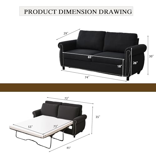 Queen Pull Out Sofa Bed, 74' Large Convertible Sleeper Sofa, 2 Seater Loveseat Sofa-Bed with Queen Size Mattress for Living Room Small Spaces Apartment Studio, Dark Gray - color: Dark Gray, size: Convertible Sleeper Sofa Bed-2 seat