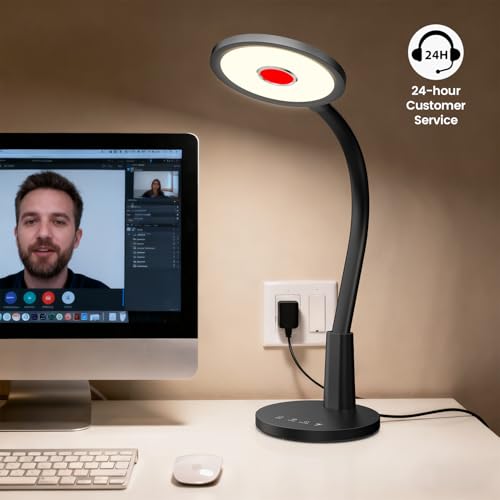 Glendan Desk Lamp for Home Office: Eye-Caring LED Red Light Desk Lamp, 10 Brightness & Flexible Gooseneck, Dimmable Desk Light with Memory & Timer, Table Lamp for Study, Bedroom