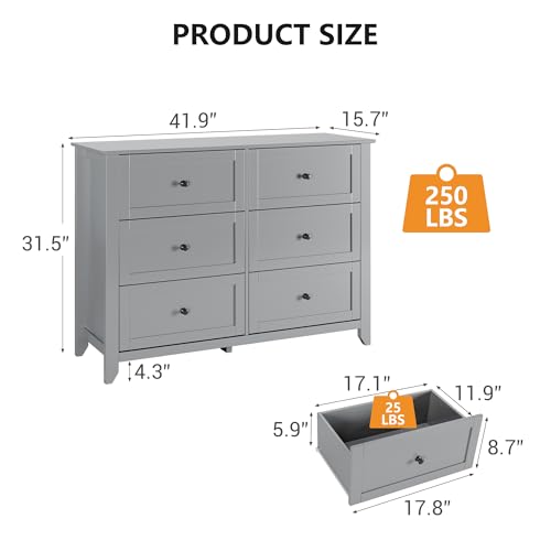 IDEALHOUSE 6 Chest of Drawers for Bedroom, Modern Grey Drawer Dresser | Simply 6 Drawer Dresser for Hallway Entryway, 15.8"D x 41.7"W x 31.5"H, Lacquered Storage Organizer for Living Room - color: Grey, size: 15.8"D x 41.9"W x 31.5"H (6 Drawers)