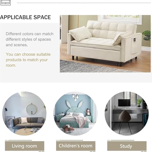 3 in 1 Convertible Sleeper Sofa Bed, Velvet Loveseat Futon Pull-Out Couch with Adjustable Reclining Backrest, Side Pockets and Pillows for Living Room, Bedroom, Apartment, Small Spaces (Beige-Velvet) - color: Beige-velvet