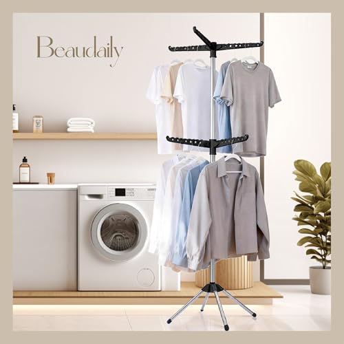 Beaudaily Clothes Drying Rack, Foldable 74.8-Inch Laundry Drying Rack, Indoor 2 Tier Drying Rack Clothing with Rotatable Arms, Stainless Steel, Holds 54 Pieces, Space Saving, Black and Silver - color: Black + Silver, size: 2-Tier