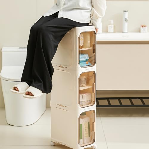 UFORU Tall Narrow Storage Cabinet,Slim Organizer with Magnetic Doors&Wheels | 3 Tiers, Smooth-Rolling Wheels, Durable Waterproof Plastic, Adjustable Shelves, Space-Saving Design for Small Spaces - color: Cream White, size: 3 tier