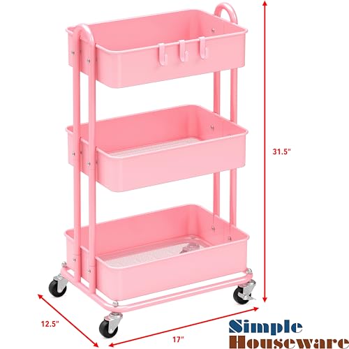 Simple Houseware 3-Tier Heavy Duty Metal Utility Rolling Cart, Pink - color: Pink