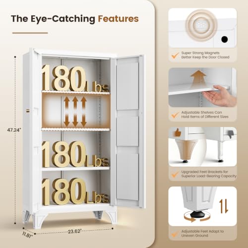 Metal Storage Cabinet with Doors and 3 Adjustable Shelves - 47" White Kitchen Pantry Storage Cabinet Locker for Kitchen,Living Room,Dining Room - color: White, size: 47"- 3 Adjustable Shelves-B