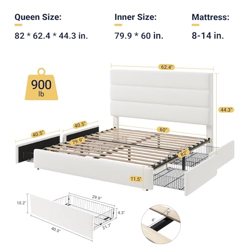 Allewie Modern Queen Size Platform Bed Frame with 4 Storage Drawers | Velvet Upholstered Headboard, Wooden Slats Support, Upholstered Mattress Foundation/No Box Spring Needed/Easy Assembly, White - color: White, size: Queen