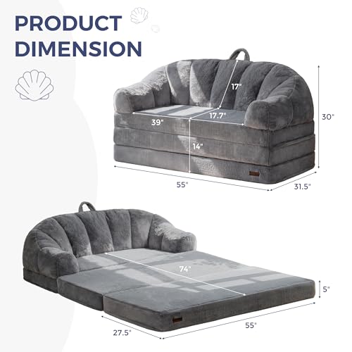 MAXYOYO Folding Sofa Bed, 2 in 1 Convertible Sofa to Lounger | Comfy Loveseat Bean Bag Chair for Adults, Floor Couch with Handle, Faux Fur Couch Bed for Living Room Bedroom, Grey - color: Grey, size: Loveseat