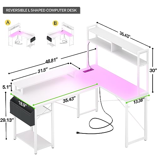 Aheaplus Small L Shaped Desk with Charging Port & LED Strip, Reversible L-Shaped Gaming Desk Computer Desk with Monitor Stand & Storage Shelf, Corner Desks Home Office Desk with Storage Bag, White - color: White
