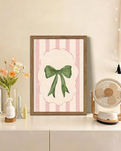Preppy Bow Wall Art Canvas Framed Poster Painting Print Picture, Pink Stripe Coquette Ribbon Artwork, Minimalist Girly Aesthetic Wall Decor for Bedroom Dorm Vanity Living Room Home Decor 12x16 Inch - color: A-Bow, size: 16"L x 12"W