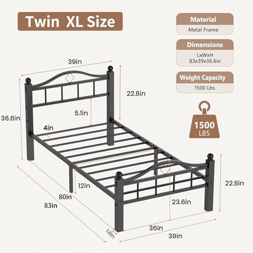 XL Twin Bed Frame with Headboard | Noise-Free Design, 12" Underbed Storage, 1500 LBS Heavy Duty Metal, No Box Spring Needed, Tool-Free Assembly - color: Twin XL -Black