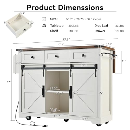 53.7" Kitchen Island with Drop Leaf & Power Outlet, Rolling Kitchen Island Cart On Wheels with 2 Sliding Barn Door, Kitchen Island Table with Storage, for Kitchen, Dining Room (White) - color: White