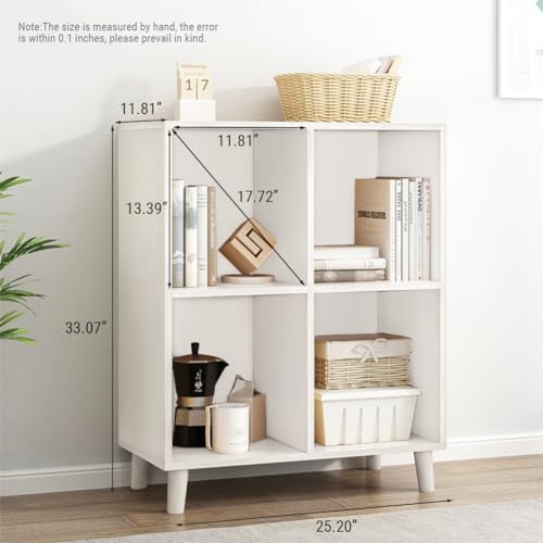 IOTXY Open Cubes Low Bookcase - 2-Tier 4-Cube Short Bookshelf in White | Nordic Minimalist Style, MDF Material, Solid Wood Legs, Deep Storage Cubes, Free Standing Wooden Cabinet Organizer Unit - color: White, size: 2-Tier 4-Cubes