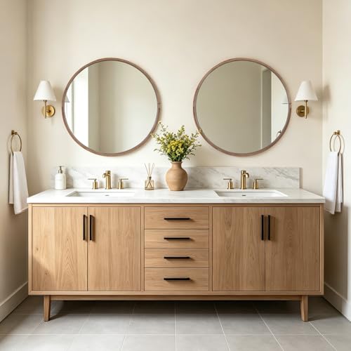 28 Inch Round Wood Mirror, Burlwood Grain Wood Frame Circle Mirror, Versatile Wall Decor for Bathroom Vanity, Living Room, Bedroom and Entryway, Natural - size: 36"L x 36"W