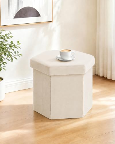 B FSOBEIIALEO Storage Ottoman Cube Hexagonal Pouf Ottomans, Foot Rest Seat for Sofa Footrest Entryway Shoe Footstool for Living Room/Bedroom/Entrway Velvet White 16.93"x15"x15" - color: White
