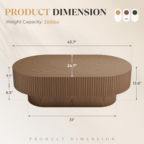 YOUDENOVA 43.7” Oval Coffee Table, Modern Wood Fluted Coffee Table for Living Room, Veneer Handcrafted Relief Center Table with Sturdy Pedestal,Easy Assembly - Walnut - color: 43.7" Brown-oval
