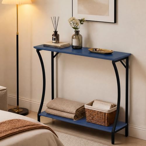 ARTPOWER Wood Narrow Console Table with Built-in Power Outlets, Blue | Slim Behind Couch Sofa Table with Charging Station, Skinny Entryway Table with Open Shelf for Living Room, Hallway, Foyer - color: Blue, size: 1-pack