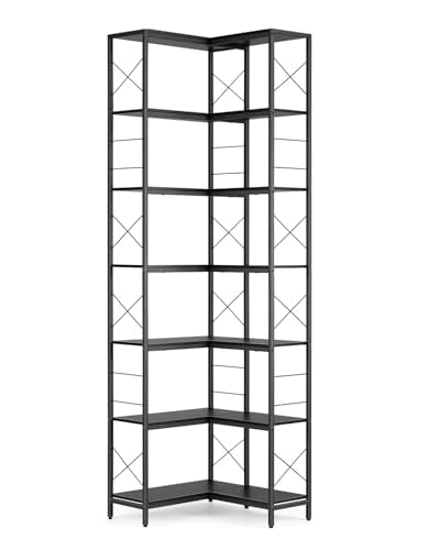 Garvee Corner Shelf, 7 Tier Industrial Corner Bookshelf, Wood and Metal Frame Large Bookcase, Freestanding Display Shelf for Living Room, Kitchen, Home Office, Rustic Brown