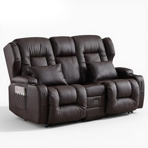 Loveseat Recliner Sofa,RV Wall Hugger Recliners with Flip-up Console,Reclining Loveseat Sofa Recliner with Cup Holders/Lumbar Pillows for Small Spaces,RV Furniture (Brown,68" 2-Seater) - color: Brown, size: 68" 2-Seater