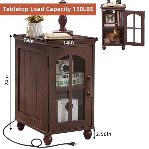 RWYHG Narrow Side Table, Farmhouse Nightstand with Charging Station | End Tables with Glass Barn Door, Cabinet Organizer with Adjustable Shelf, Night Stand for Small Spaces Living Room Bedroom - color: Retro Walnut, size: Set 1