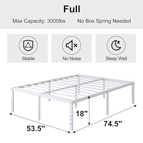 DiaOutro 18 Inch White Full Size Bed Frame with High Storage | Steel Slats Platform No Box Spring Needed Mattress Foundation, Easy Assembly, Noise Free - size: Full, style: 18 Inch (White)