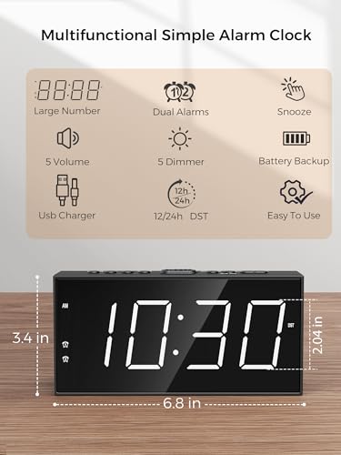 Digital Alarm Clocks for Bedrooms, Dual Alarms, 7.5-Inch Large Display | Big LED Numbers, Bedside Clock with Volume Control for Heavy Sleeper, 5-Level Dimmer, Easy Setup, USB Charger, Plug-In Clock - color: White, size: With Basic Digits