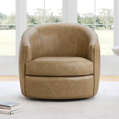 CHITA Genuine Leather Swivel Barrel Accent Chair, Fully Assembled, Mocha | Modern Armchair with FSC Certified Wood Frame, Living Room Chair for bedroom & office, 31.5"Dx32.3"Wx28.7"H, 350 Lbs Capacity - color: Mocha - Genuine Leather