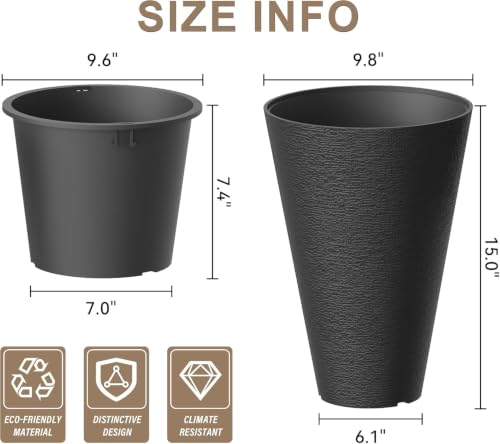 Kante 2-Pack All-Weather 15" H Round Tapered Black Plastic Planters | Tall Set of 2, Lightweight, Indoor & Outdoor Use, Modern Home, Garden, Weather-Resistant, Nursery Pot & Tall Outer Cachepot - color: Brunish Black, size: 15" H