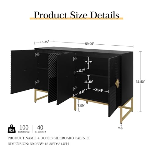 59.06" Sideboard Buffet Cabinet with Storage, Modern Accent Storage Cabinet with Adjustable Shelf and Metal Legs, Wood 4-Door Cabinet for Living Room, Kitchen, Dining Room (Black) - color: Black-4 Door