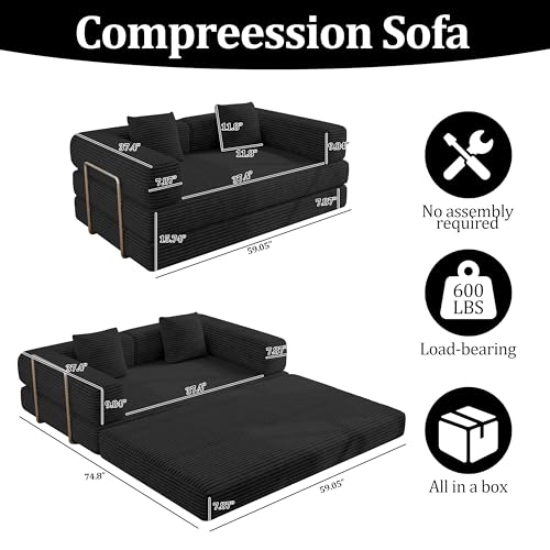 BSHOMGI Convertible Futon Sofa Bed, Boneless Couch for Living Room,Modular Futon Couch with Fixed-Shape Frame Corduroy Loveseat Sleeper Sofas with Pull-Out Couches for Small Space Apartment - color: Black, size: 53.15"Double Sofa