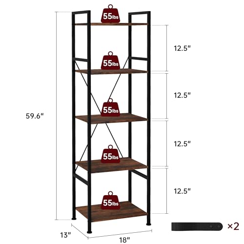 5 Tier Industrial Bookshelf, Storage Organizer, Rustic Brown | Skandiquip Bookshelf, Industrial Bookcase Storage Organizer, Display Shelves for Books/CDs, Bedroom Living Room Home Office - color: Rustic Brown, size: 5 Tier - 18"W