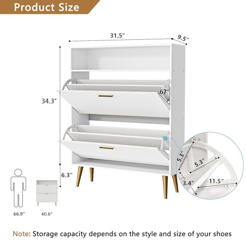 Shoe Cabinet with 2 Flip Drawers, Storage Top & Metal Legs, White, 2PCS丨Hidden Shoe Organizer, Freestanding Narrow Shoe Storage Rack for Entryway, Hallway, Entrance - color: 2pc-white, size: 2 Flip Drawers with Shelf