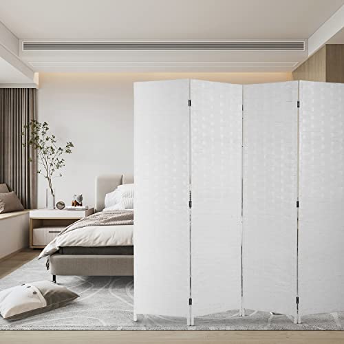 FDW 4-Panel Folding Room Divider | 6ft, White | Light & Portable | Wooden Wall Divider with Hand Woven Mesh | Easy to Move Privacy Screen | For Space Separation, Living Room, Bedroom, Office - color: White, size: 4 Panel