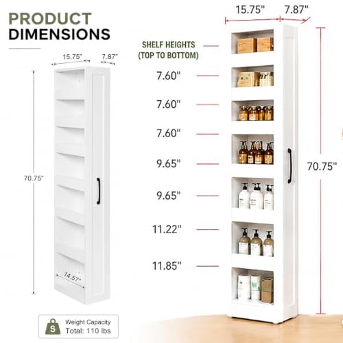 Tall Narrow Storage Cabinet, 71 Inch Tall, 8 Inch Wide, White | 7-Shelf Slim Pull-Out Organizer with Wheels for Small Spaces, Kitchen, Bathroom, Laundry Room and Narrow Gaps - color: D-white