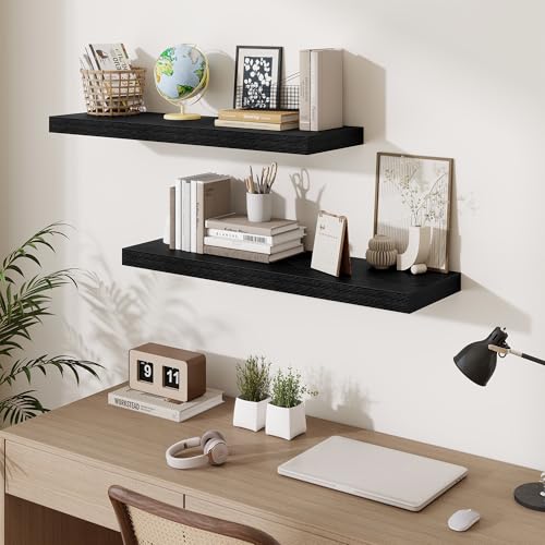 Fun Memories Floating Shelves for Wall 36 Inches, Wood Shelves with Invisible Bracket, 10" Deep Shelves Wall Mounted, Large Wood Floating Shelves for Living Room Bathroom, Black, Set of 3 - color: Classic Black, size: 36W x 10D x 1.5H