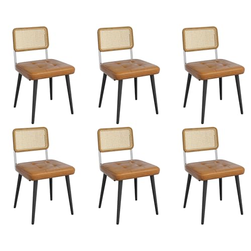 Garvee Rattan Dining Chairs Set of 6, Upholstered Dining Room Chairs with Rattan Backrest, Armless Side Chairs for Kitchen Living Room, Restaurant, PU Leather, Brown | Upholstered Kitchen Chairs with Rattan Backrest, Armless Side Chairs for Kitchen, Livin