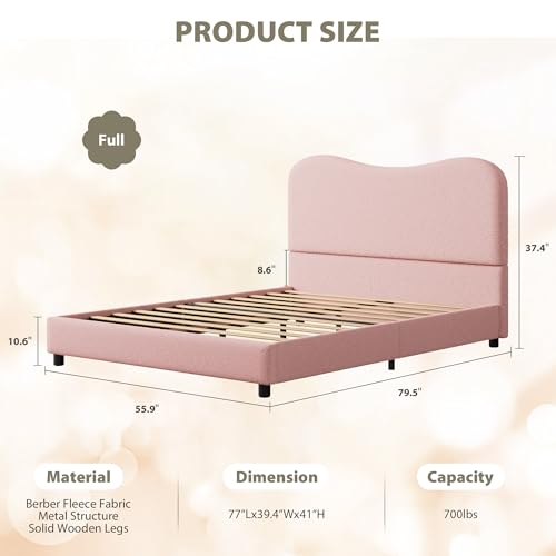 GarveeHome Full Size Bed Frame with Boucle Fabric, Pink | Upholstered Headboard, Low Profile, Sturdy Platform Bed, Rounded Corners Design, Noise Free, No Box Spring Needed - color: Pink, size: Full