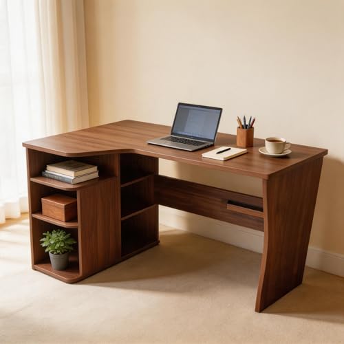 GAOMON L Shaped Office Desk with Storage Shelves, Small Corner Computer Desk for Home Office, Bedroom or Study, Space Saving Writing Workstation, Wood Desk with Side Cabinet, Brown