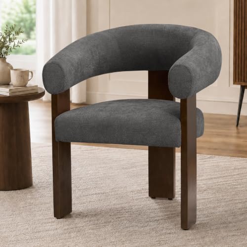Modern Accent Chair, Barrel Armchair, U-Shaped Backrest, Grey | Barrel Accent Chair, Upholstered Arm Chair, Ergonomic Curved Back, Soft Chenille, Solid Wood Legs, Living Room, Bedroom - color: Grey