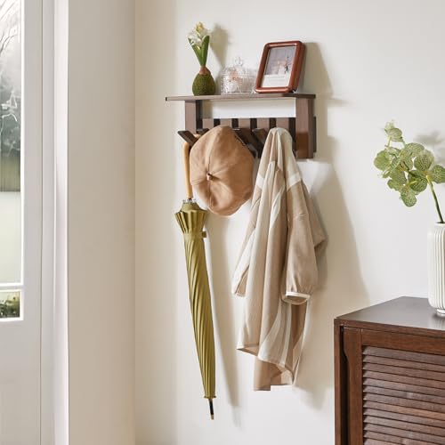 YMYNY Piano Key Coat Rack Wall Mount with Shelf and 6 Hooks, Walnut HWS008H | Solid Wood Wall Mounted Coat Rack with Retractable Hooks for Coat Hat Key - Wall Coat Rack with Hooks for Entryway, Bathroom - color: Rustic Brown