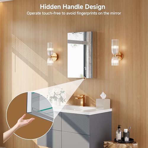 16" x 24" Bathroom Medicine Cabinet with Mirror, Recessed or Wall Mount | Medicine Cabinets with Adjustable Glass Shelves, Soft-Closed Hinge, Chrome Aluminum Frame, Reverse Installation - size: 16" x 24"