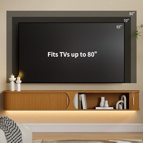 DHH 71" Floating TV Stand with Power Outlet for TVs up to 80", Mid Century Modern TV Console with RGB LED Lights, Fluted Entertainment Center with Sliding Door for Living Room, Bedroom(Yellow Walnut) - color: Yellow Walnut, size: 71 inch