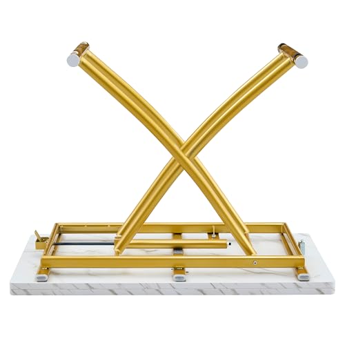 Adjustable Height Coffee Table, Folding Dining Table, White&Gold | Convertible lift top table for use as a coffee table, dining table, home office desk or vanity - color: White & Gold Legs