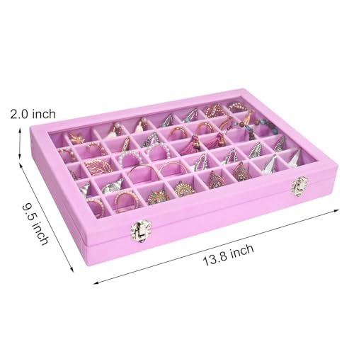 Siveit Velvet Jewelry Tray 48 Grid Jewelry Display Tray Organizer Box with Transparent Lid Rings Earrings Necklaces Pendants Display Box Suitable for Women and Girls (Pink) - color: Pink