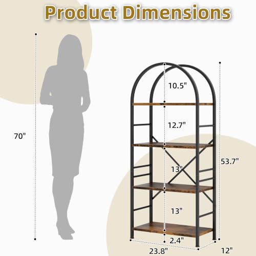 Vongrasig Industrial Arched Bookshelf, 4 Tier Open Bookcase | Sturdy Wood and Metal Display Standing Shelf for Home Office, Living Room, Bedroom, Rustic Brown - color: Rustic Brown