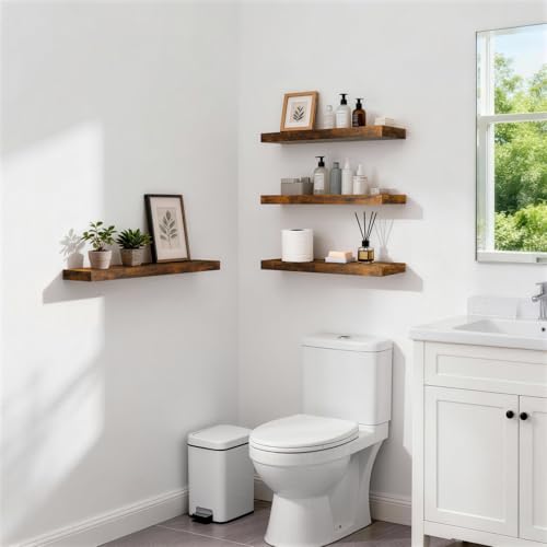 BAYKA Rustic Brown Floating Shelves 22.5in, Set of 2, Wall Mount Wood Shelf | Easy Install, 22lbs Max Load, Hidden Bracket, for Bathroom Bedroom Living Room or Kitchen, Hanging Shelf Book Decor Storage - color: B. Rustic Brown - Americana Farmhouse Style,