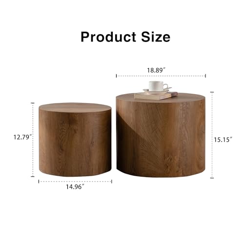 Round Nesting Coffee Table Set of 2 Living Room, No Assembly | Modern Wooden Center Tables, Tea Table for Apartment, Small Circle Accent End Table Set, Brown Wood - color: A-brown Wood