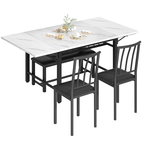AWQM 4-Piece Faux Marble Drop Leaf Dining Table with Storage Rack, Space Saving Breakfast Nook Table Set with 2 Backrest Chairs and 1 Upholstered Bench, Kitchen Dining Table and Chairs Set for 2-4